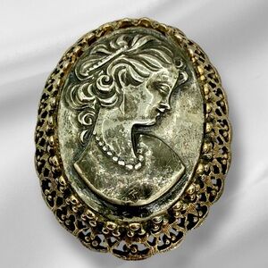 Vintage Silvertone & Goldtone Cameo Brooch Pin Victorian Revival Style Filigree